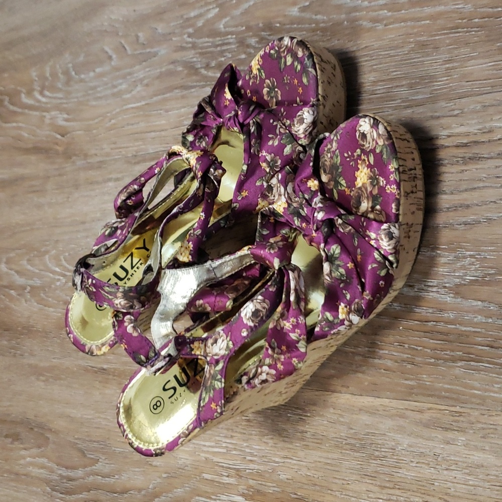 (8) SUZY Suzy Sheir Floral Satin Platform Strappy Cork Wedge Heels Vacation 90s